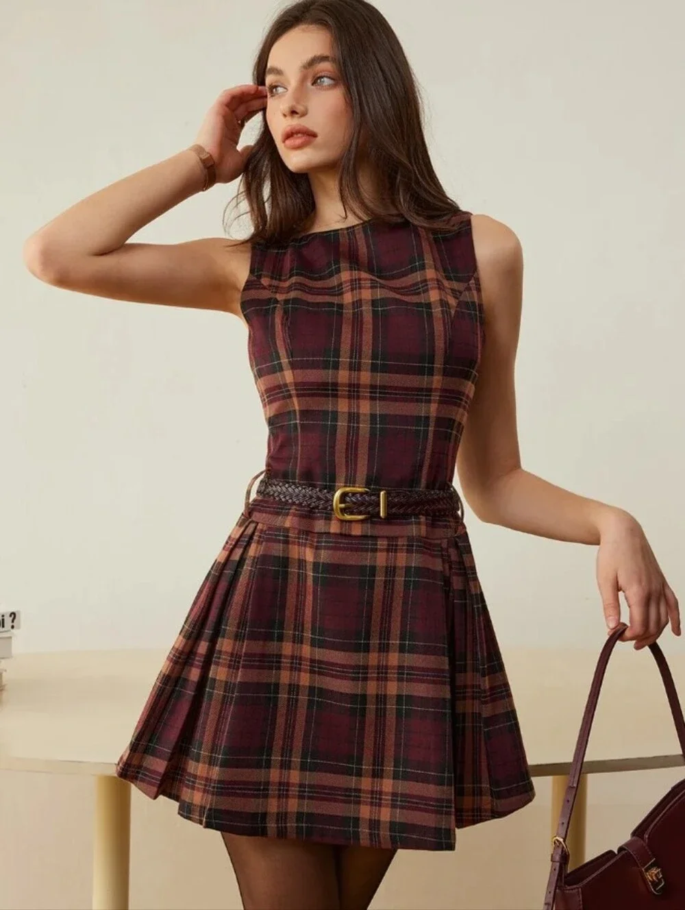 NWT Commense Checkered Pleated Tank Dress Without Belt Small Plaid Mini Red Tan - Picture 11 of 11